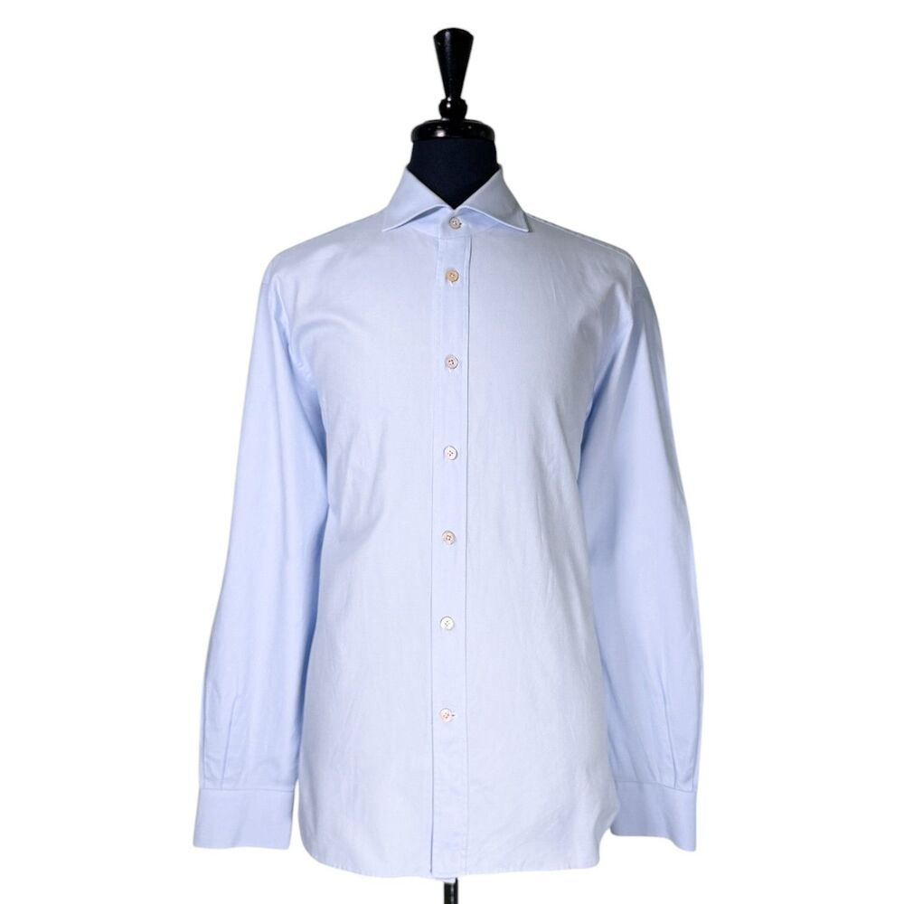 Kiton Su Misura Mens 18 46 Blue Spread Collar Cotton Dress Shirt Made In Italy
